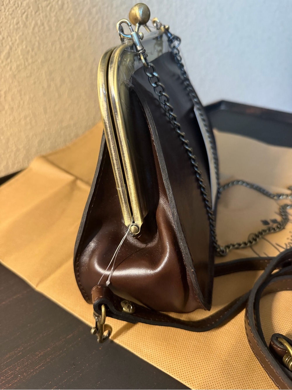 Patricia Nash Iridessa Choco Brn Leather Frame Crossbody Antique Gold Hardware - Picture 8 of 16